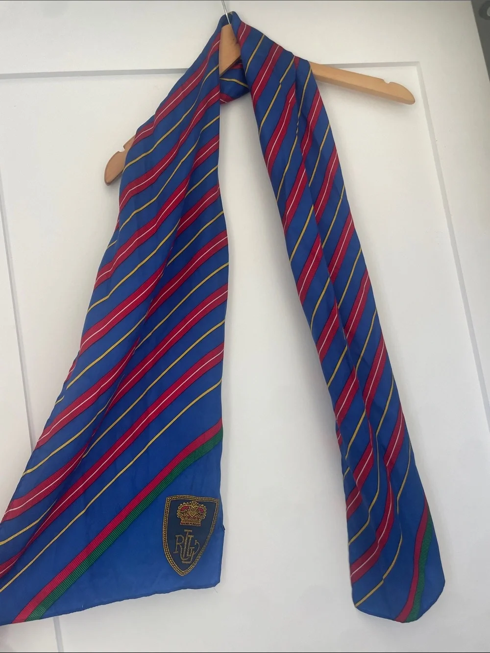 Ralph Lauren Blue Silk Scarf with Red and Green Diagonal Stripes Unisex fasho